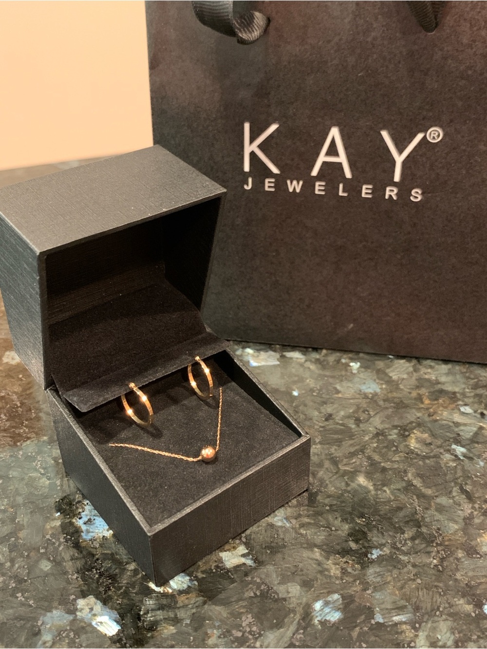 Kay Jewelers 10K Yellow Gold Small Hoop Earrings 18” 10KT Floating Bead Necklace